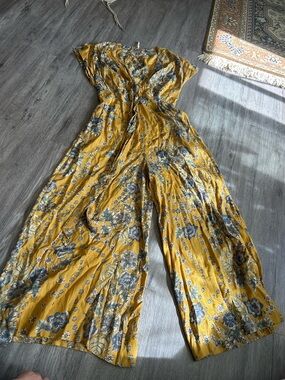 Free People Mustard Yellow Floral Wide-Leg Jumpsuit